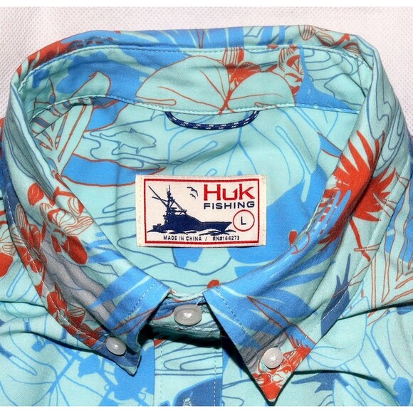 Huk Kona Radical Botanical Men Short Sleeve Button Down Fishing Shirt Size Large - Picture 5 of 5